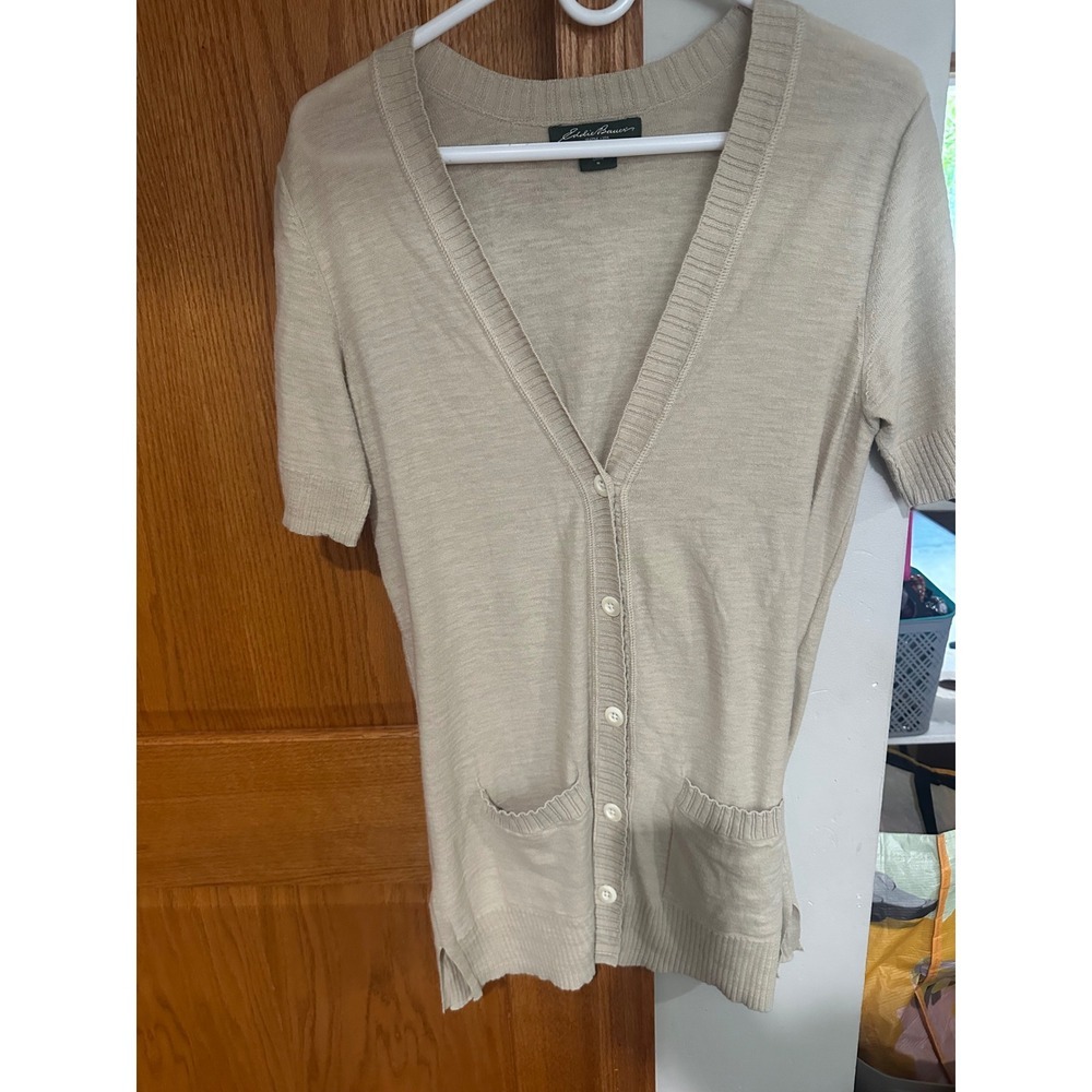 Eddie Bauer Womens Tan Beige 100% Cotton Short Sleeve Button Up Cardigan Size M